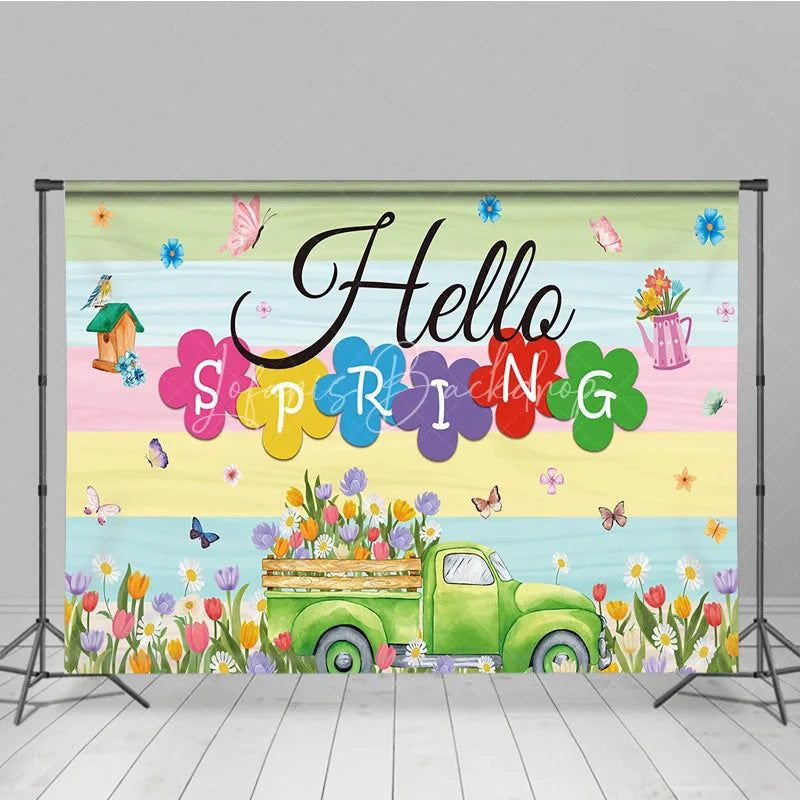 Lofaris Hello Spring Backdrop Green Truck with Colorful Tulips and Butterfly Background Seasonal Garden Nature Party Decor