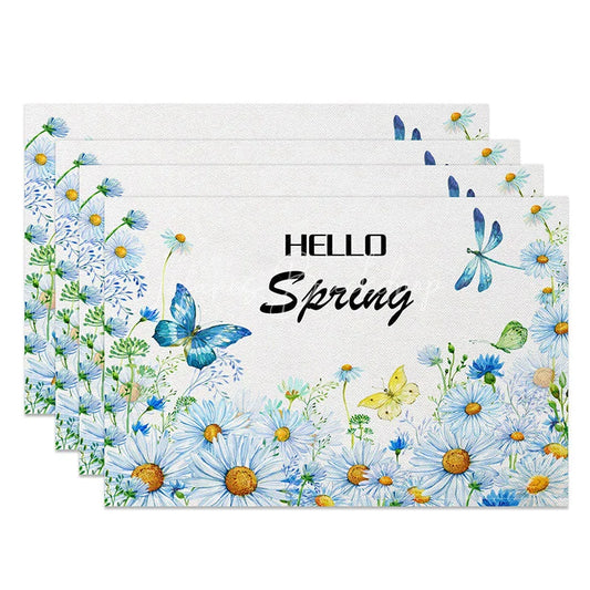 Lofaris Hello Spring Blue Daisy and Butterfly Set of 4 Placemats Watercolor Floral Garden Dining Decor