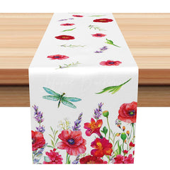 Lofaris Hello Spring Table Runner with Dragonfly and Wildflowers for Cottage Style Garden Party Dining