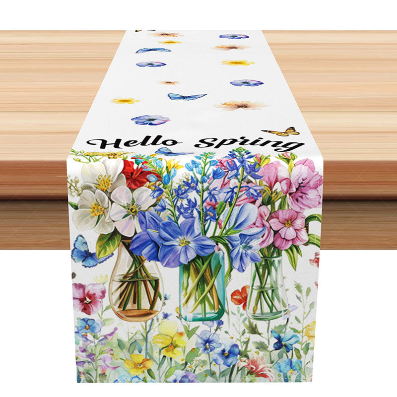 Lofaris Hello Spring Table Runner with Floral Butterfly and Vase for Garden Party Farmhouse Kitchen Decor