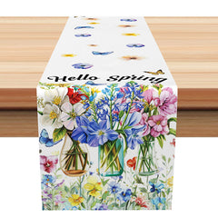 Lofaris Hello Spring Table Runner with Floral Butterfly and Vase for Garden Party Farmhouse Kitchen Decor