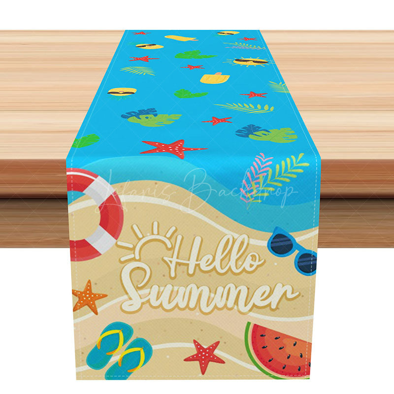 Lofaris Hello Summer Table Runner with Blue Beach and Sunshine Print for Coastal Tropical Kitchen Decor