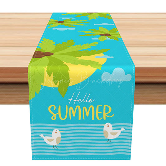 Lofaris Hello Summer Table Runner with Coconut Trees and Blue Sea for Tropical Beach Coastal Kitchen Decor