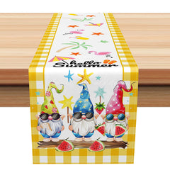Lofaris Hello Summer Table Runner with Gnome and Yellow Gingham for Fun Farmhouse Seasonal Kitchen Decor