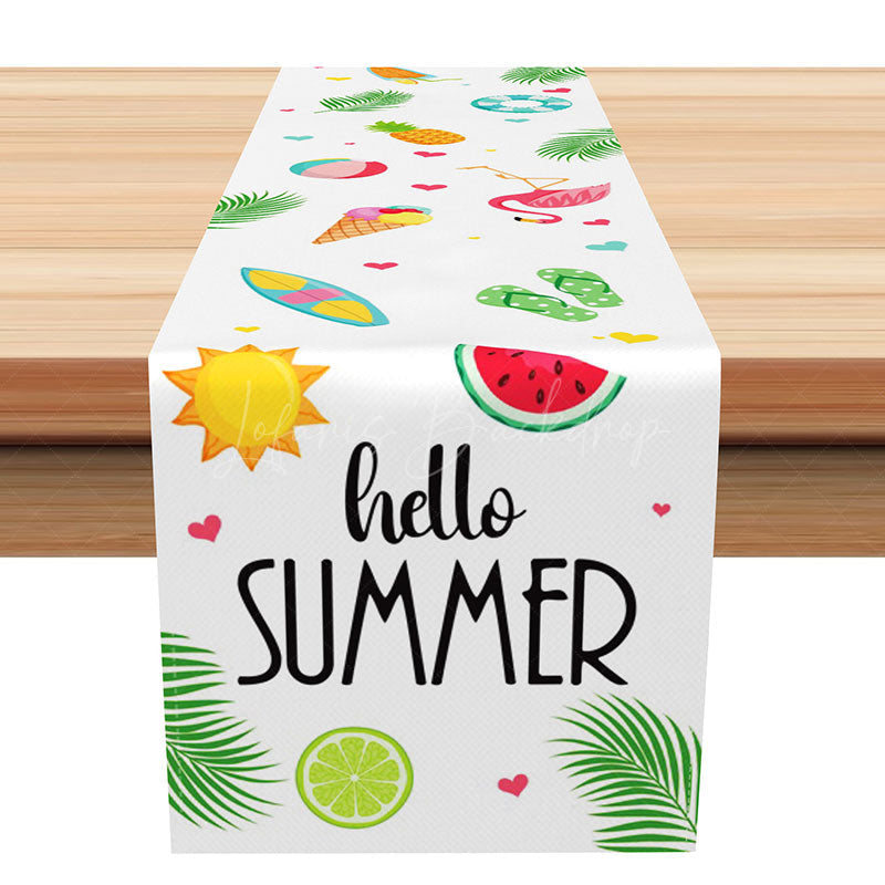 Lofaris Hello Summer Table Runner with Watermelon and Beach Print for Outdoor BBQ Picnic Party Kitchen Decor