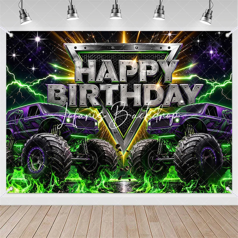 Lofaris High Energy Purple and Green Monster Truck Birthday Backdrop Racing Party Photo Background Lightning