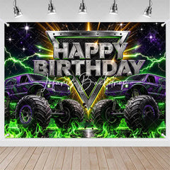 Lofaris High Energy Purple and Green Monster Truck Birthday Backdrop Racing Party Photo Background Lightning