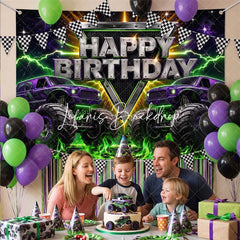 Lofaris High Energy Purple and Green Monster Truck Birthday Backdrop Racing Party Photo Background Lightning
