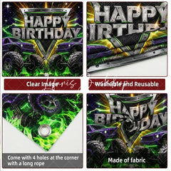 Lofaris High Energy Purple and Green Monster Truck Birthday Backdrop Racing Party Photo Background Lightning