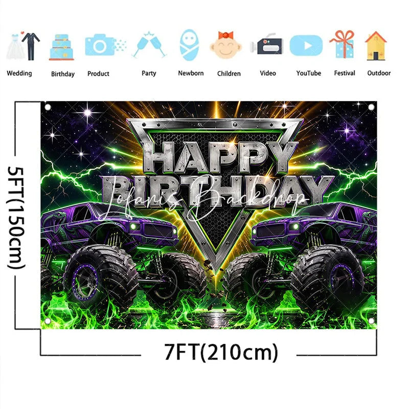 Lofaris High Energy Purple and Green Monster Truck Birthday Backdrop Racing Party Photo Background Lightning