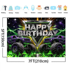 Lofaris High Energy Purple and Green Monster Truck Birthday Backdrop Racing Party Photo Background Lightning