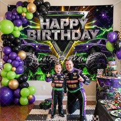 Lofaris High Energy Purple and Green Monster Truck Birthday Backdrop Racing Party Photo Background Lightning