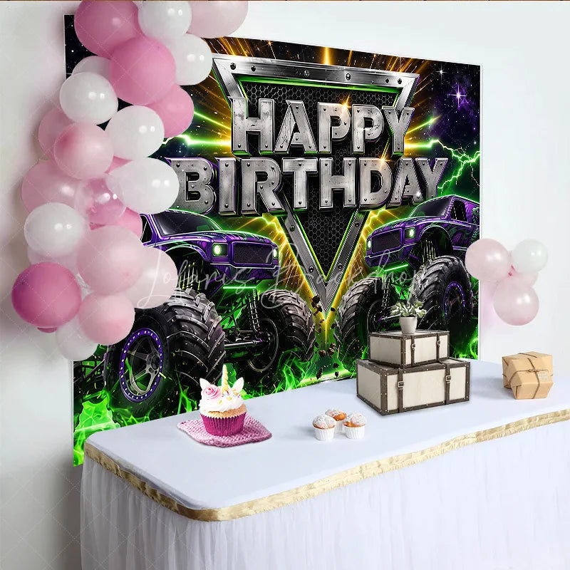Lofaris High-Energy Purple Monster Truck Rally Birthday Backdrop featuring Green Lightning and a Starry Night
