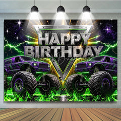 Lofaris High-Energy Purple Monster Truck Rally Birthday Backdrop featuring Green Lightning and a Starry Night