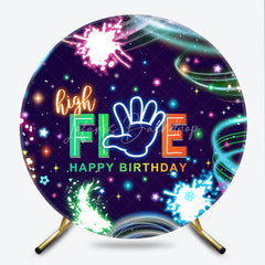 Lofaris High Five Happy Birthday Round Backdrop Neon Glow Party 5th Paint Splatter Photo Booth Props