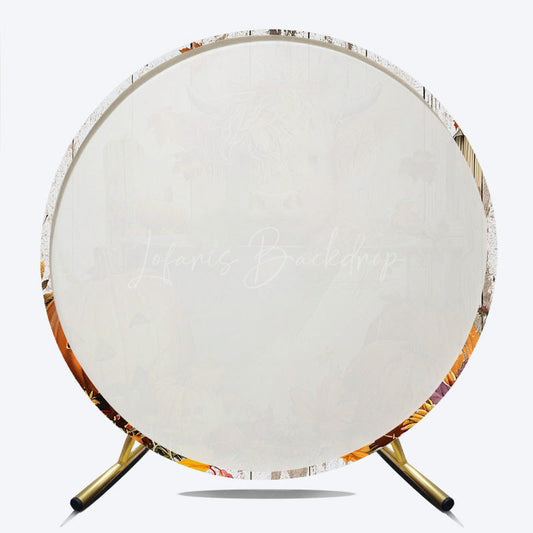 Lofaris Highland Cow in a Tub Round Backdrop Autumn Farm with Jack O’ Lanterns Rustic Fall Thanksgiving Photo Prop