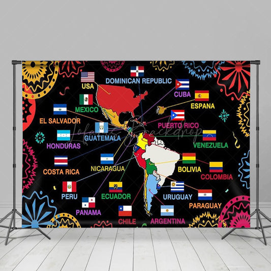 Lofaris Hispanic Heritage Month Backdrop with Map of Latin America Flags Latino Countries Educational Fiesta Decor