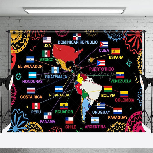 Lofaris Hispanic Heritage Month Backdrop with Map of Latin America Flags Latino Countries Educational Fiesta Decor