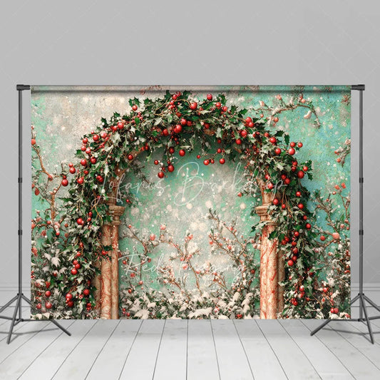 Lofaris Holly Berry Arch Backdrop Teal Wall Green Leaves Photography Background Winter Christmas Floral Holiday Party Decoration