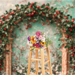 Lofaris Holly Berry Arch Backdrop Teal Wall Green Leaves Photography Background Winter Christmas Floral Holiday Party Decoration