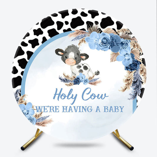 Lofaris Holy Cow We’re Having a Baby Round Backdrop Blue Floral Farm Animal Theme Boy Shower Party Decor