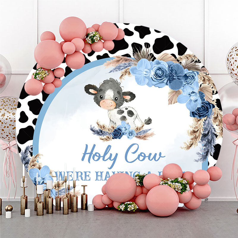 Lofaris Holy Cow We’re Having a Baby Round Backdrop Blue Floral Farm Animal Theme Boy Shower Party Decor