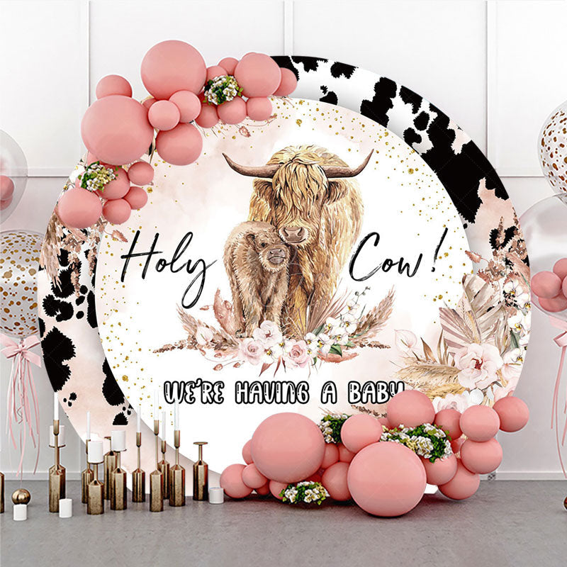 Lofaris Holy Cow We’re Having a Baby Round Backdrop Boho Highland Theme Pampas Grass Shower Party Decor