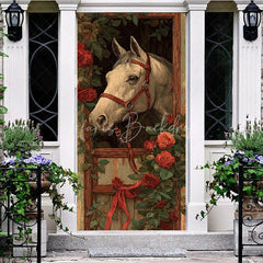 Lofaris Horse and Roses Door Cover Equestrian Stable with Red Ribbon Derby Party Decor