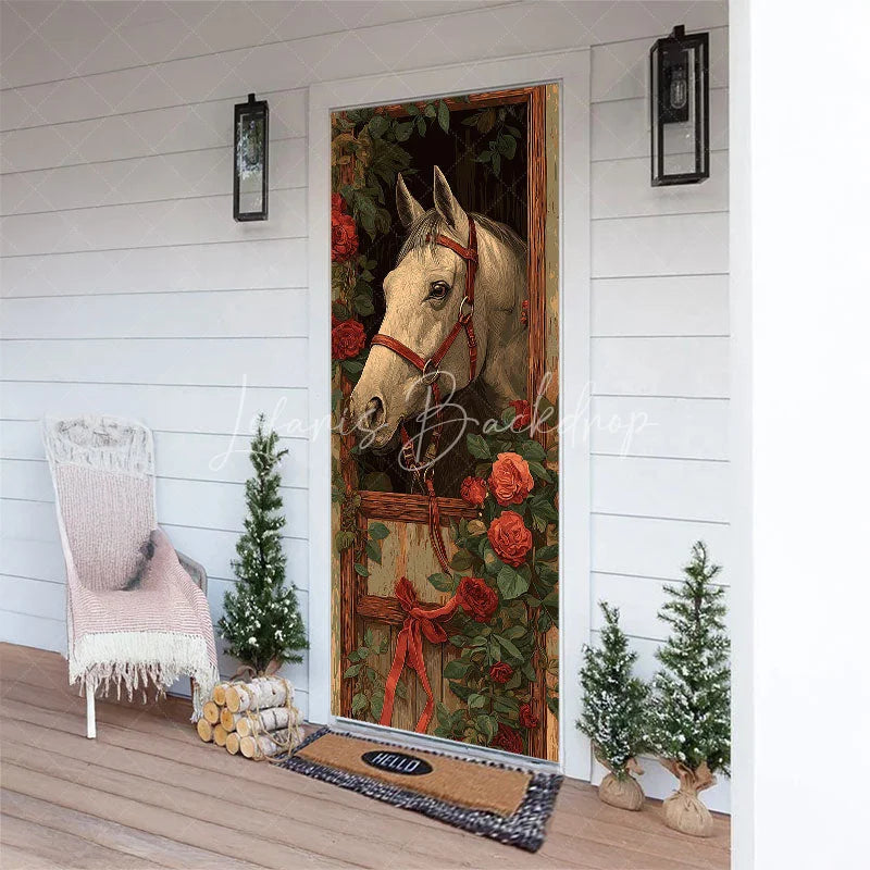 Lofaris Horse and Roses Door Cover Equestrian Stable with Red Ribbon Derby Party Decor