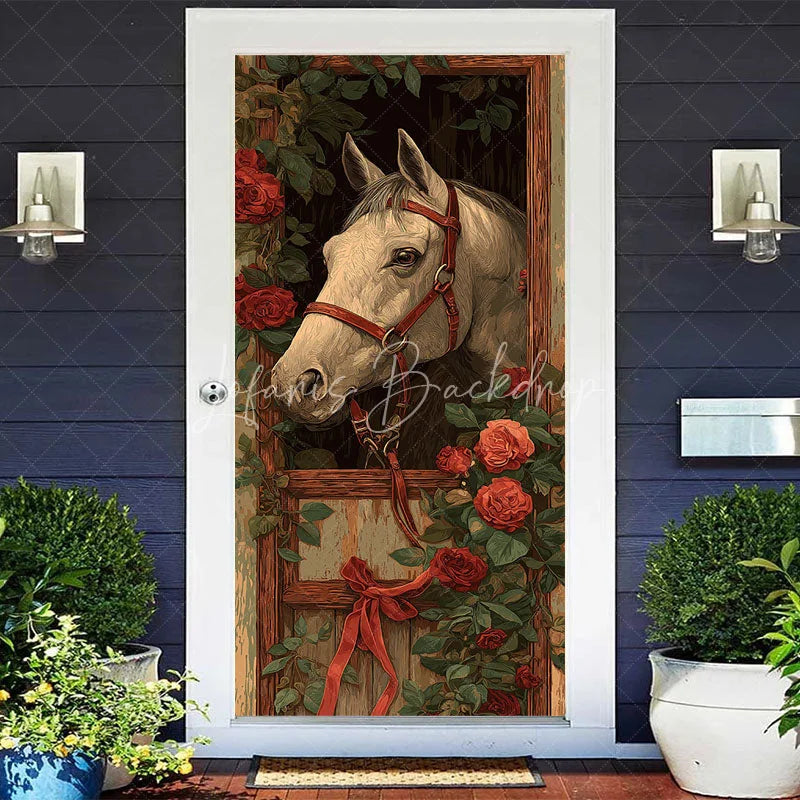 Lofaris Horse and Roses Door Cover Equestrian Stable with Red Ribbon Derby Party Decor