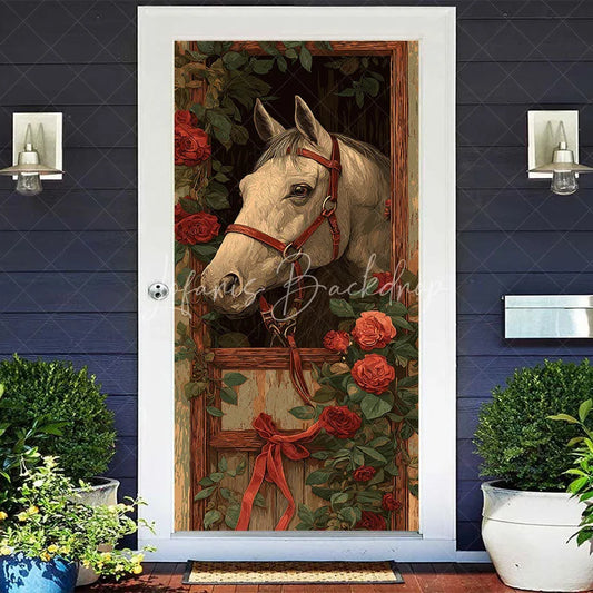 Lofaris Horse and Roses Door Cover Equestrian Stable with Red Ribbon Derby Party Decor