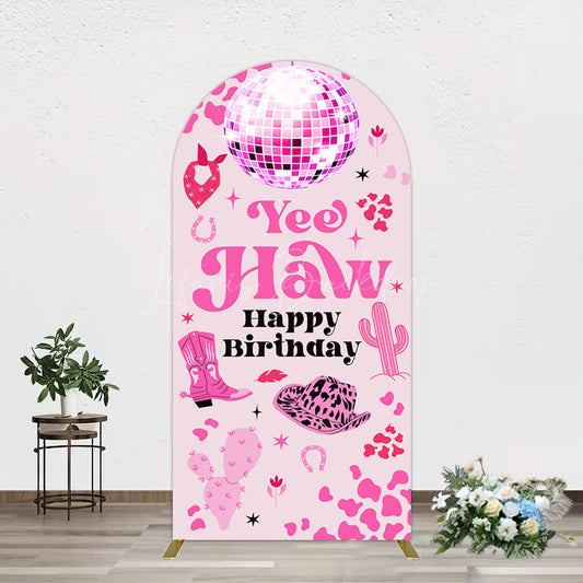 Lofaris Hot Pink Cowgirl Yee Haw Happy Birthday Arch Backdrop