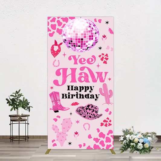 Lofaris Hot Pink Cowgirl Yee Haw Happy Birthday Rectangle Backdrop