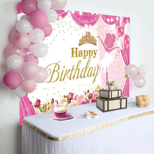 Lofaris Hot Pink Floral Crown Ballet Happy Birthday Backdrop