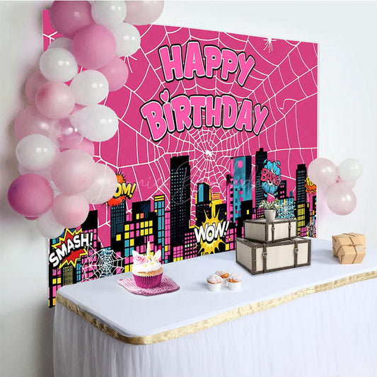 Lofaris Hot Pink Super Spider Wab City Happy Birthday Backdrop