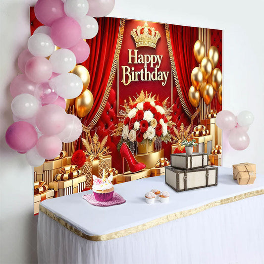 Lofaris Hot Red Gold Crown Balloon Flower Birthday Backdrop