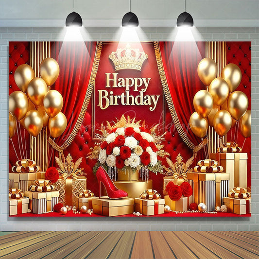 Lofaris Hot Red Gold Crown Balloon Flower Birthday Backdrop