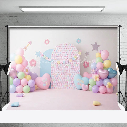 Lofaris Hug Me Candy Hearts and Pastel Balloon Backdrop Sweet Valentine Birthday Party Decor for Girls Cake Smash
