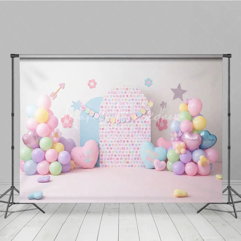 Lofaris Hug Me Candy Hearts and Pastel Balloon Backdrop Sweet Valentine Birthday Party Decor for Girls Cake Smash