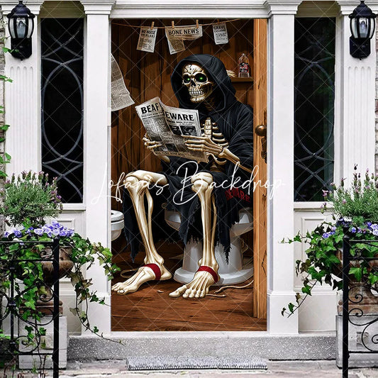 Lofaris Humorous Skeleton Reading Bone News on Toilet Door Cover Spooky Halloween Bathroom Party Decor