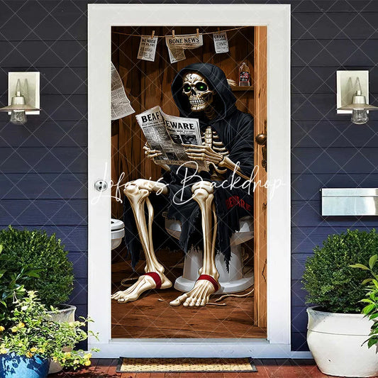 Lofaris Humorous Skeleton Reading Bone News on Toilet Door Cover Spooky Halloween Bathroom Party Decor