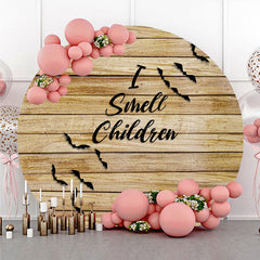 Lofaris I Smell Children Round Backdrop for Halloween Hocus Pocus Inspired with Bats Rustic Wood Witch Party Decor