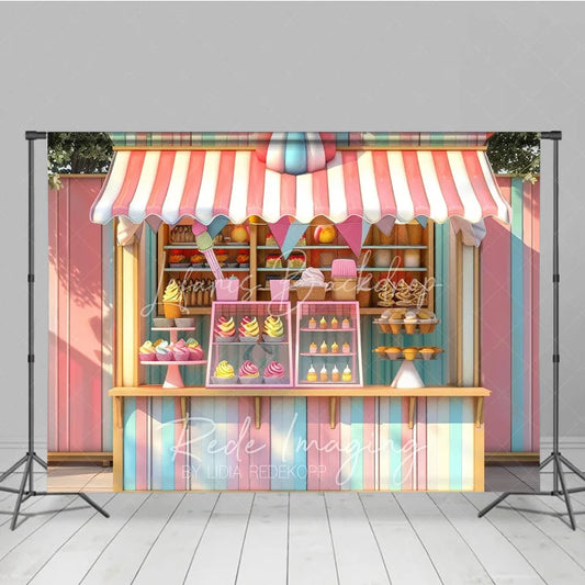 Lofaris Ice Cream and Cupcake Shop Combo Set Backdrop Pastel Striped Sweet Treats Birthday Party Background