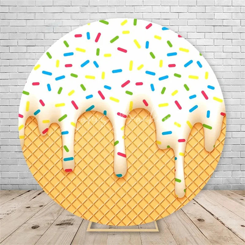 Lofaris Ice Cream Round Backdrop Colorful Sprinkles Waffle Cone Birthday Party Decor Sweet Dessert Background