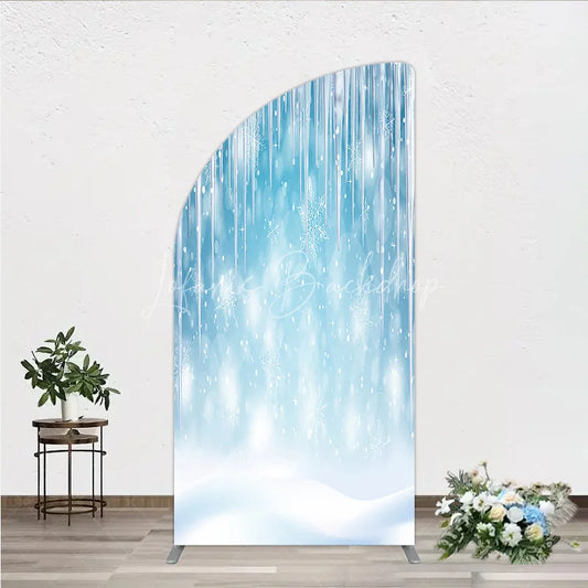 Lofaris Icy Blue Winter Wonderland Half Moon Arch Backdrop Featuring Snowflakes and Icicles for Holiday Decor