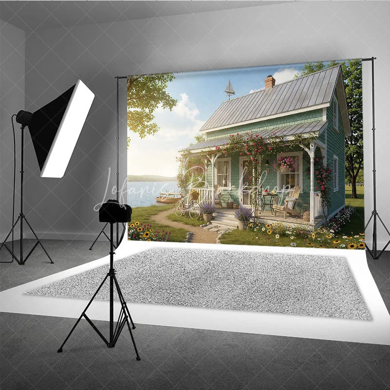 Lofaris Idyllic Lake House Photography Backdrop Rustic Cottage Porch with Blooming Roses Bicycle and Serene View