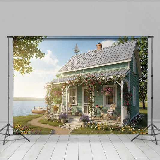 Lofaris Idyllic Lake House Photography Backdrop Rustic Cottage Porch with Blooming Roses Bicycle and Serene View