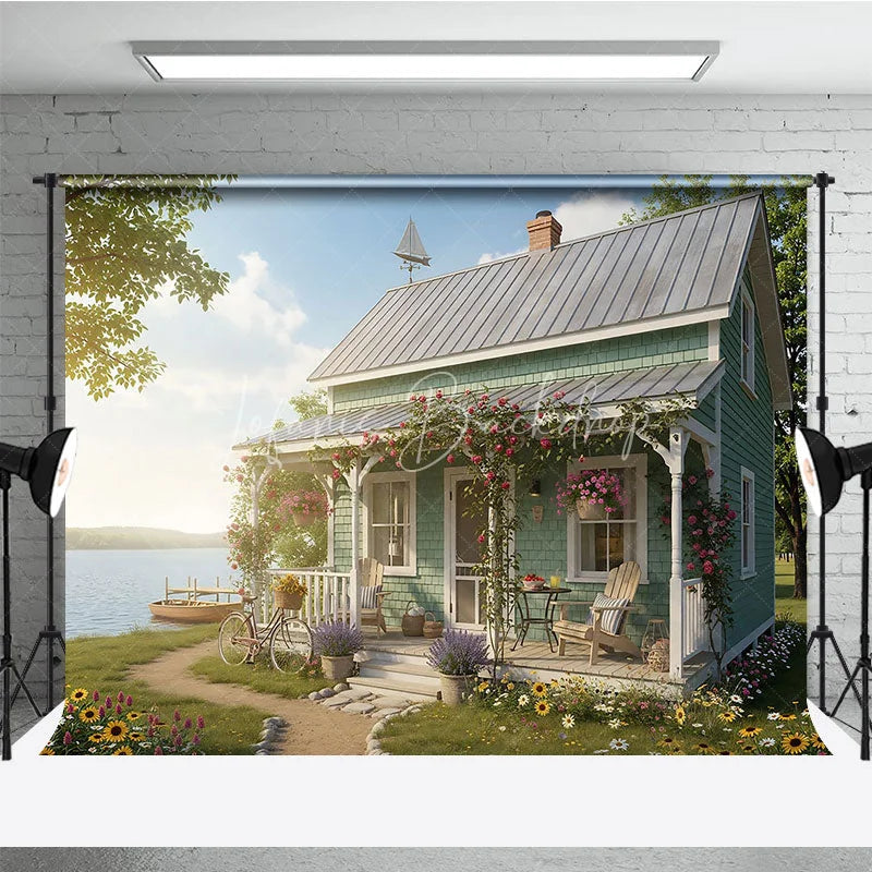 Lofaris Idyllic Lake House Photography Backdrop Rustic Cottage Porch with Blooming Roses Bicycle and Serene View