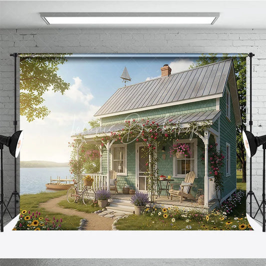 Lofaris Idyllic Lake House Photography Backdrop Rustic Cottage Porch with Blooming Roses Bicycle and Serene View