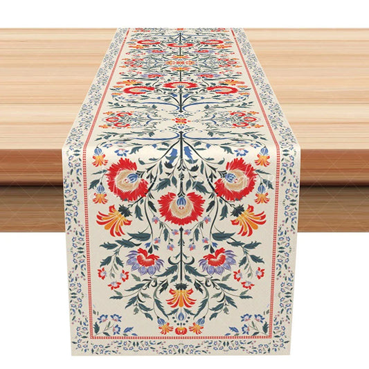 Lofaris Indian Floral Block Print Table Runner Red and Blue Vintage Botanical Farmhouse Kitchen Dining Decor